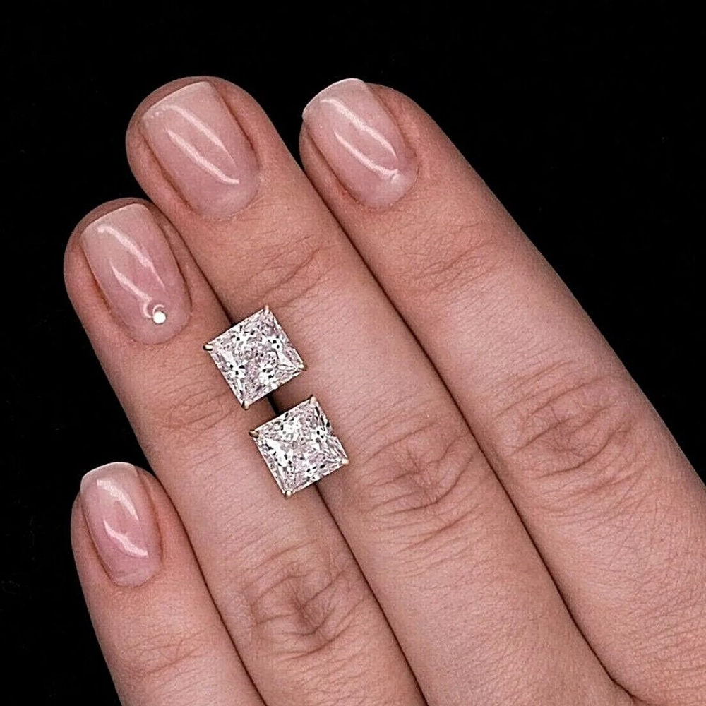 4 Ct Princess Cut VVS1/D Lab Created Stud Earrings 14k White Gold 7mm Push Back